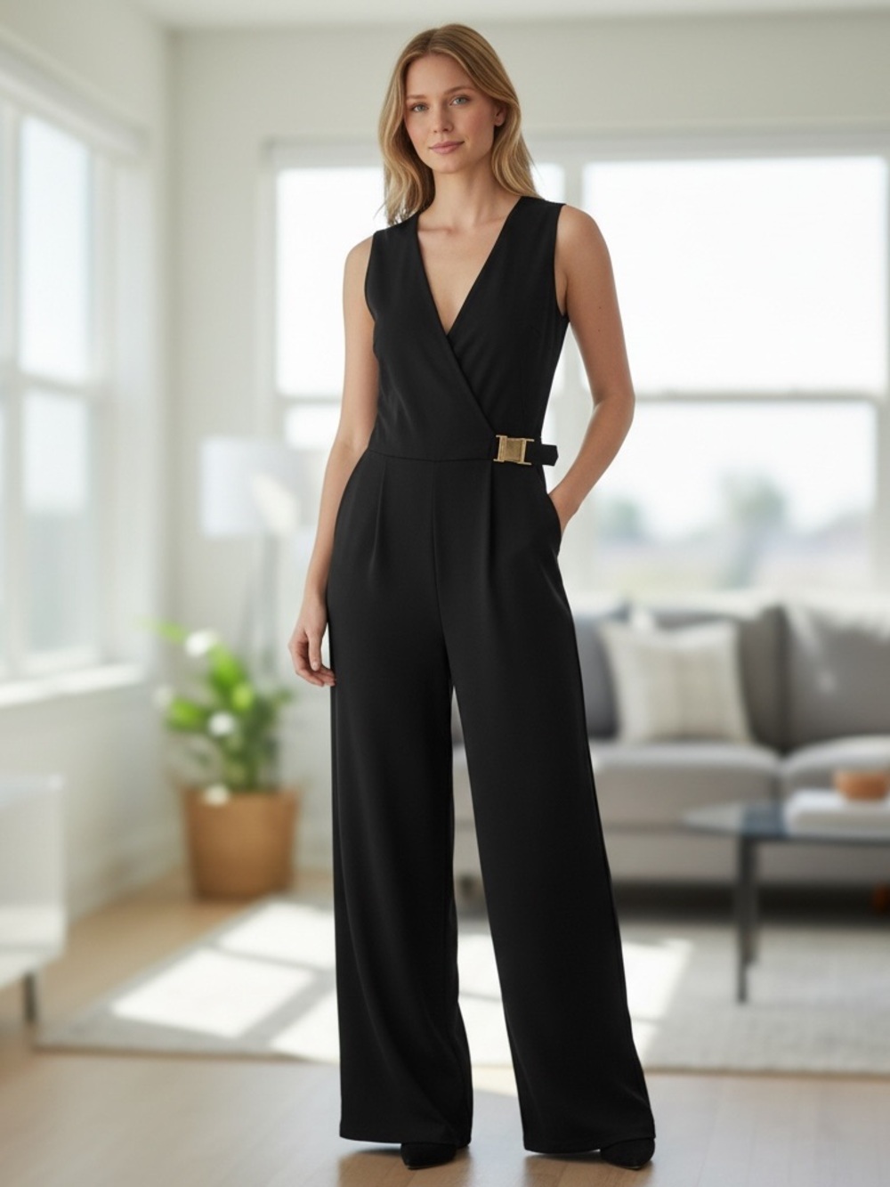 Calvin Klein Black Sleeveless Wrap Jumpsuit with Buckle Accent